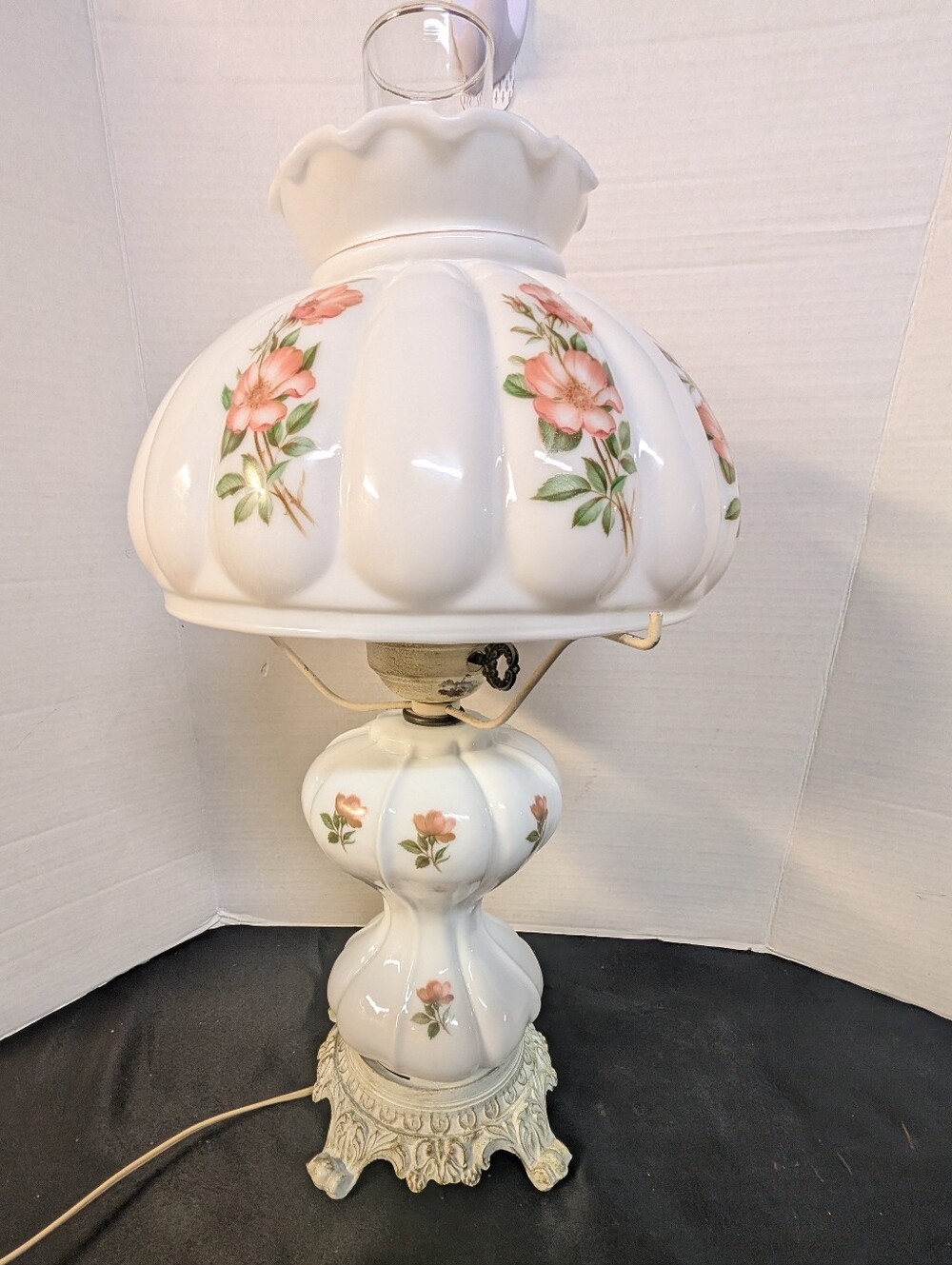 Vintage Retro Milk Glass Hurricane Lamp Rose Floral Gone With The Wind Style
